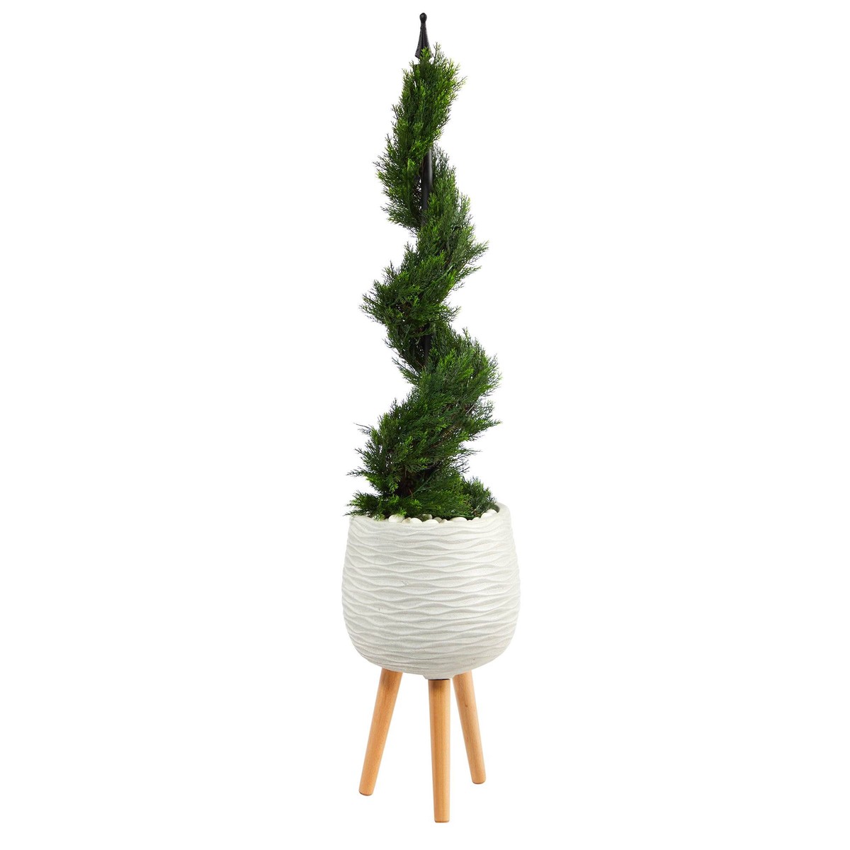 4 Cypress Spiral Topiary Artificial Tree in White Planter with Stand
